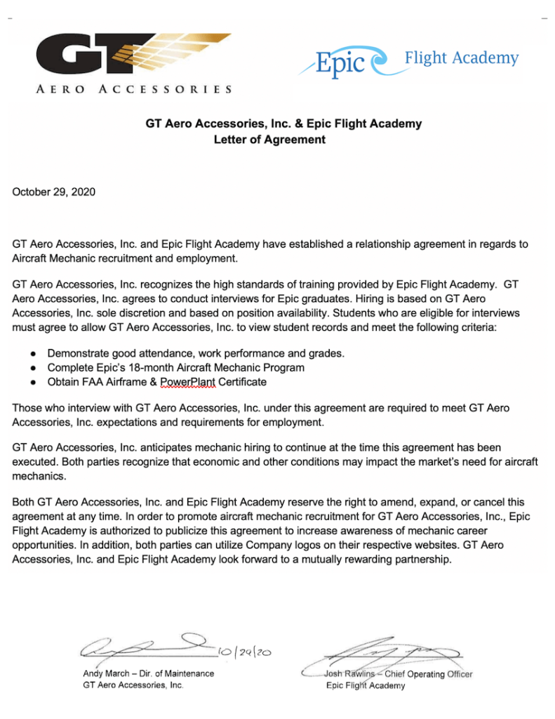 GT Aero Accessories is a hiring partner for Epic Flight Academy graduates