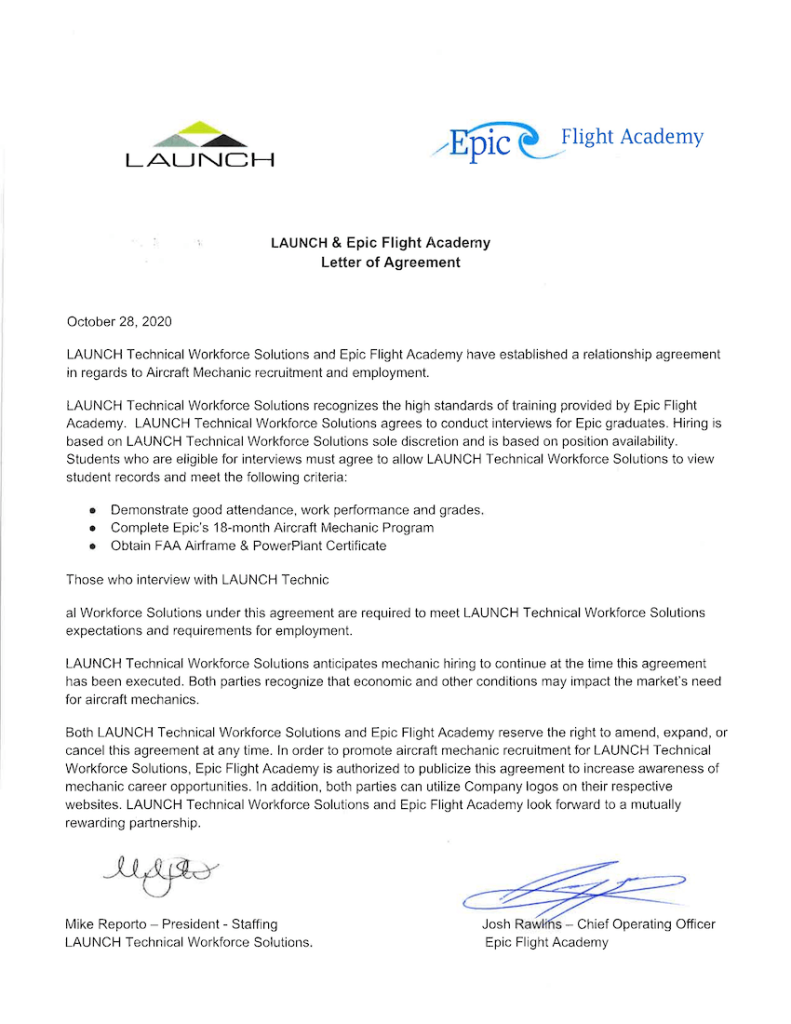 LAUNCH Technical Workforce Solutions is a hiring partner for Epic Flight Academy graduates